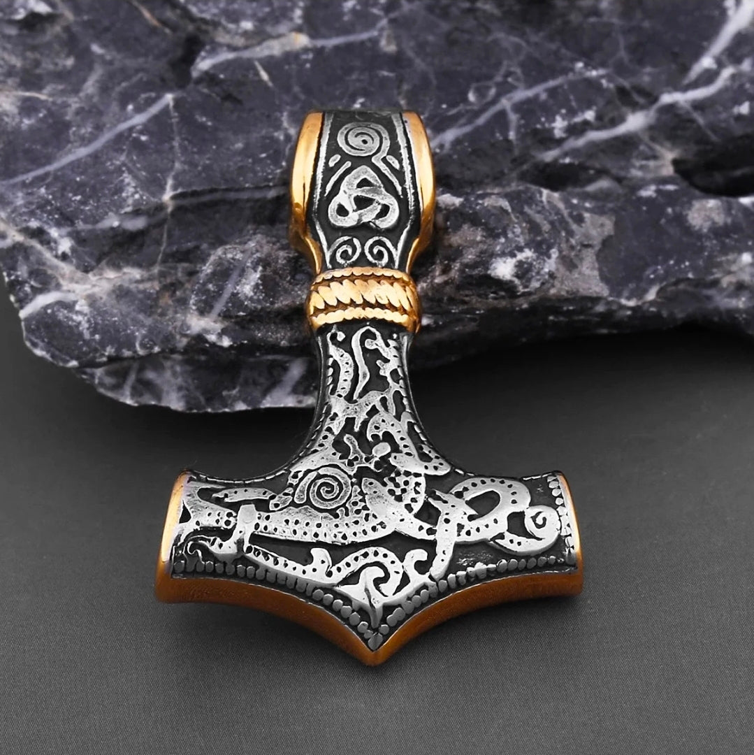 Nordic Alps – „Mjölnir Classic“ Thor’s Hammer – Edelstahl-Anhänger (Kette + Lederband)