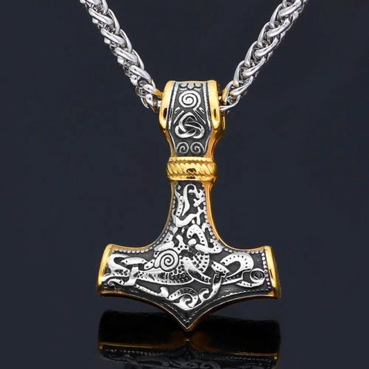 Nordic Alps – „Mjölnir Classic“ Thor’s Hammer – Edelstahl-Anhänger (Kette + Lederband)