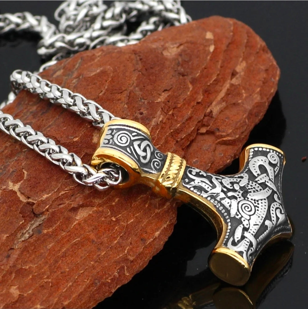 Nordic Alps – „Mjölnir Classic“ Thor’s Hammer – Edelstahl-Anhänger (Kette + Lederband)